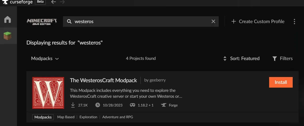 A screenshot of the WesterosCraft modpack after searching for it 